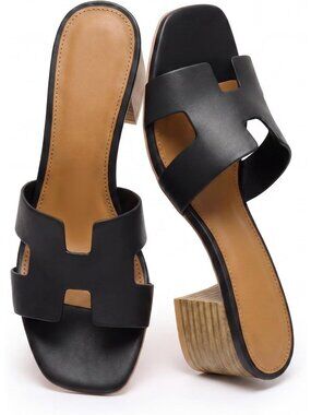 Women's Black Square Open Low Block Chunky Heels Slip On Slides Sandals